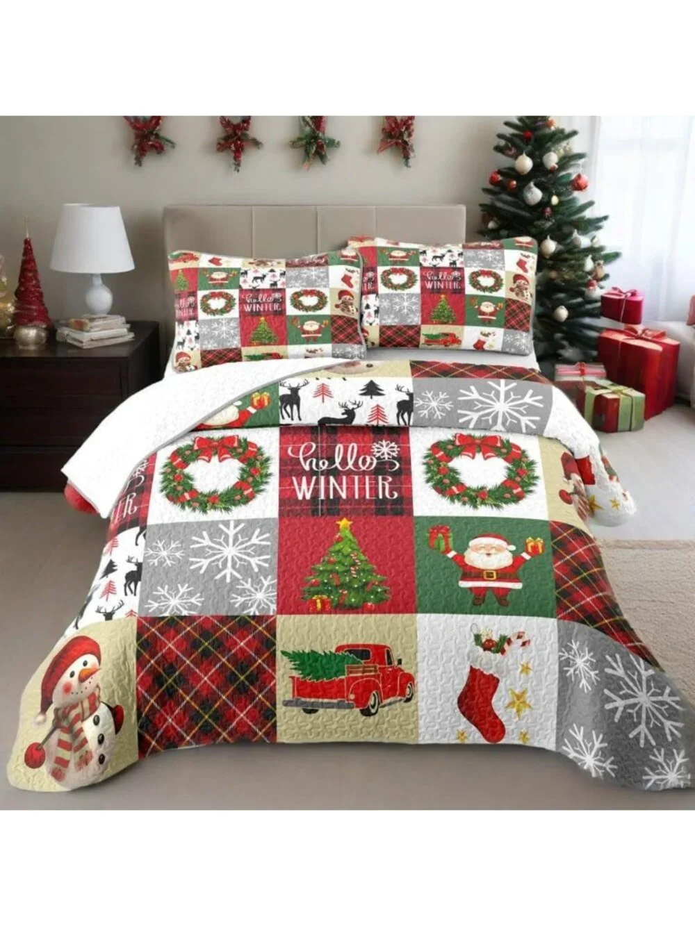 Festive Christmas Patchwork Quilt Set King - Santa Snowman Tree Bedding, Soft